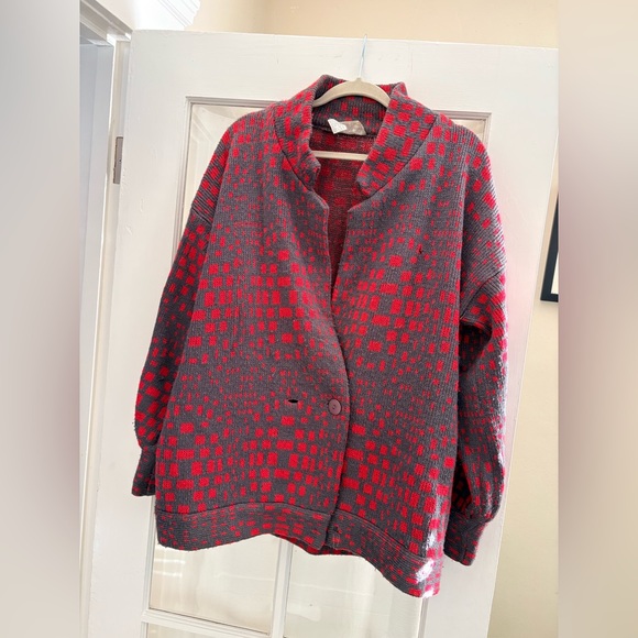 Joyce Sweaters - Vintage Abstract Jacket Cardigan – Oversized Notched Collar Red & Charcoal